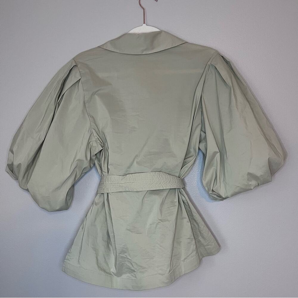 Jonathan Simkhai Waverly Bubble Sleeve Collared Tie Waist Wrap Blouse Thyme Sage - Picture 7 of 9